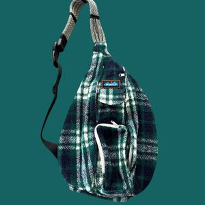 Kavu Plaid Flannel 4 strap rope Shoulder bag Green Travel Camping Hiking